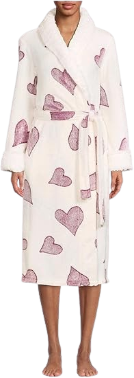 Secret Treasures Ivory & Purple Heart Print Plush Bathrobe for Women