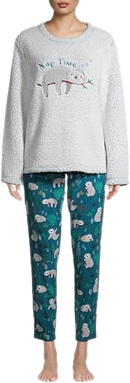 Sleeping Sloth Plush Sherpa Long Sleeve Pajama Set for Women